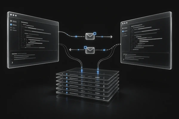 Enlarge a conceptual illustration of two local coding sessions exchanging messages and recording events in a shared journal