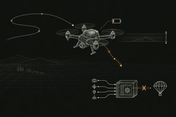 Enlarge a conceptual view of a simulated drone with low battery and a blocked emergency-parachute command