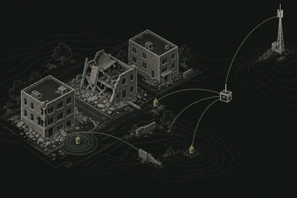 Enlarge a conceptual illustration of tracking beacons and radio links across a damaged urban block