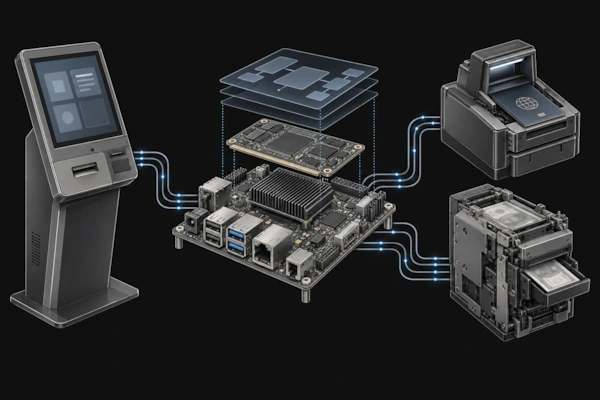 Enlarge a conceptual illustration of an embedded computer linking a kiosk, document scanner, and banknote recycler