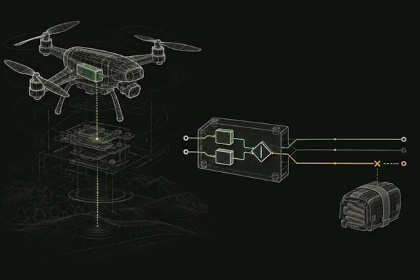 Enlarge a conceptual view of a drone’s battery and altitude signals reduced to an executable surrogate, exposing a blocked emergency-deployment path