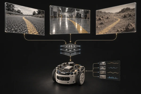 Enlarge a conceptual illustration of synthetic asphalt, glare, and Mars-like video inputs feeding a robotic perception controller
