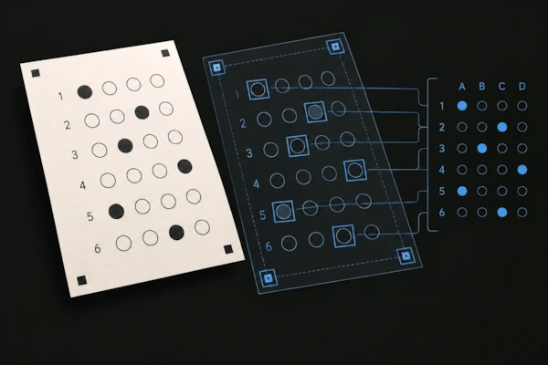Enlarge a conceptual view of Theia detecting filled answer bubbles and extracting responses from a scanned sheet